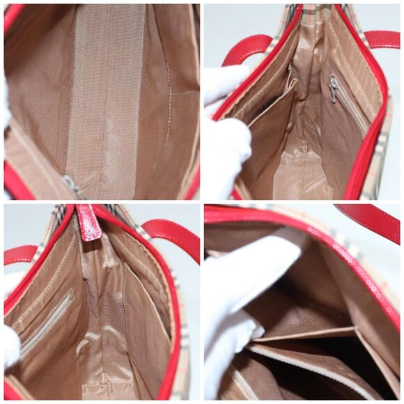 BURBERRY Nova Check Hand Bag Canvas Leather Beige Gold Red Auth 90271 - Picture 15 of 16